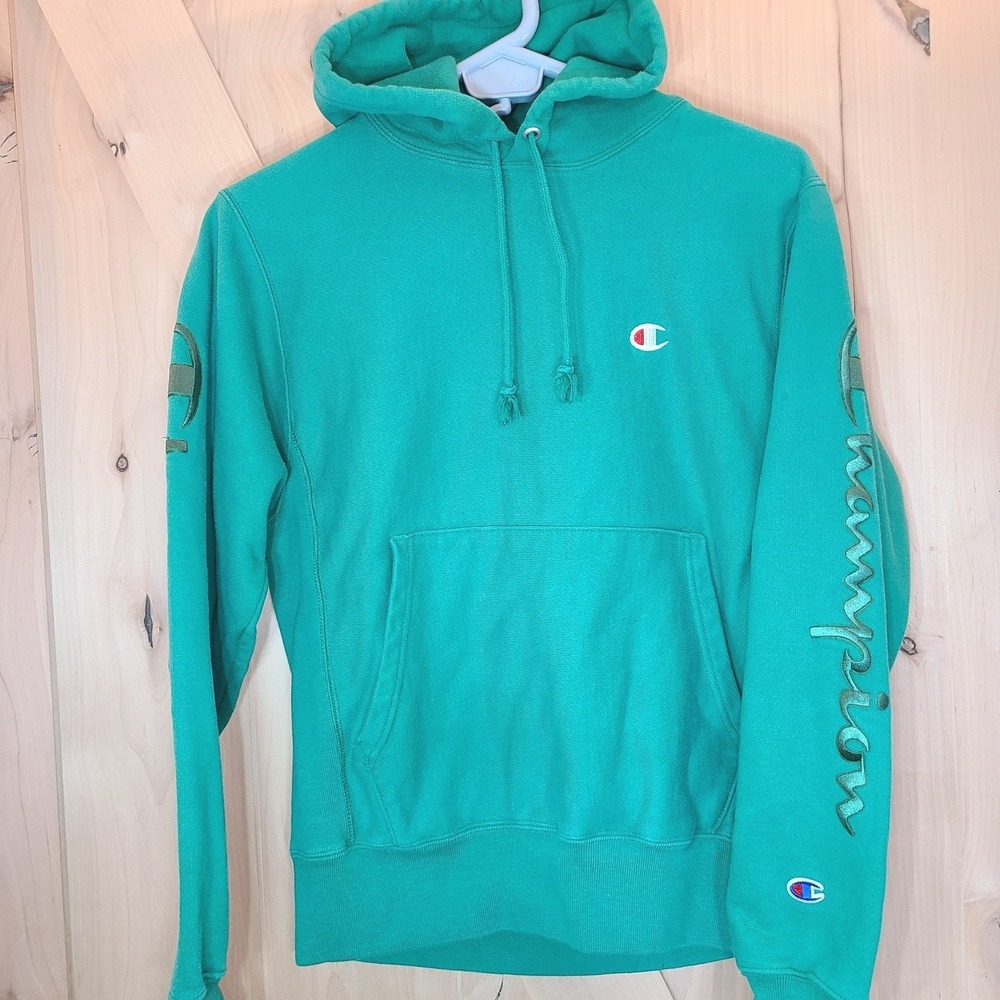 Champion Reverse Weave Hoodie Sweatshirt Green Script Logo Menswear